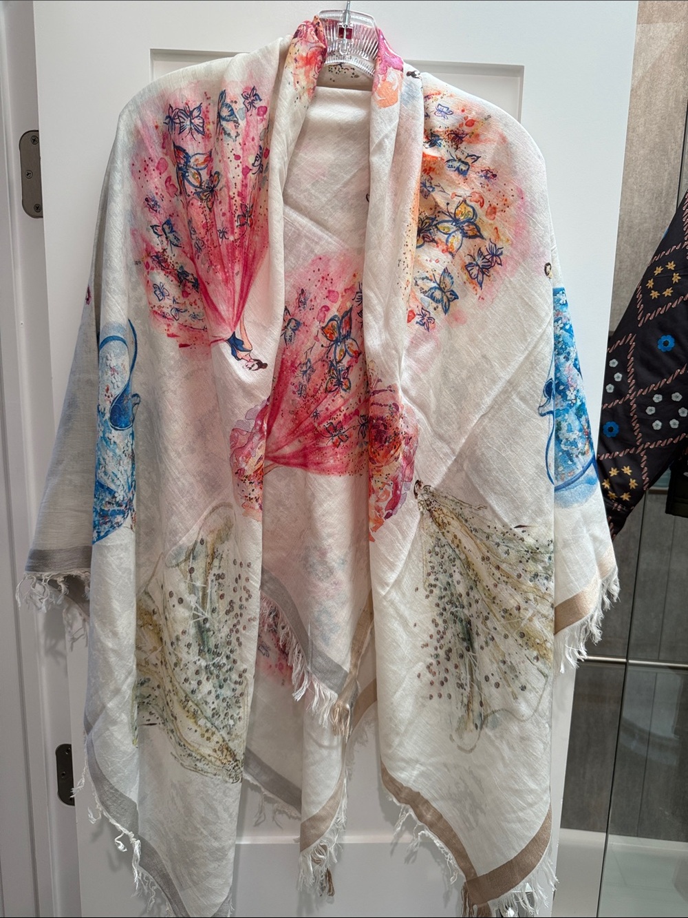 Floral Watercolor Fringe Wrap in Cream with Pink & Blue Accents